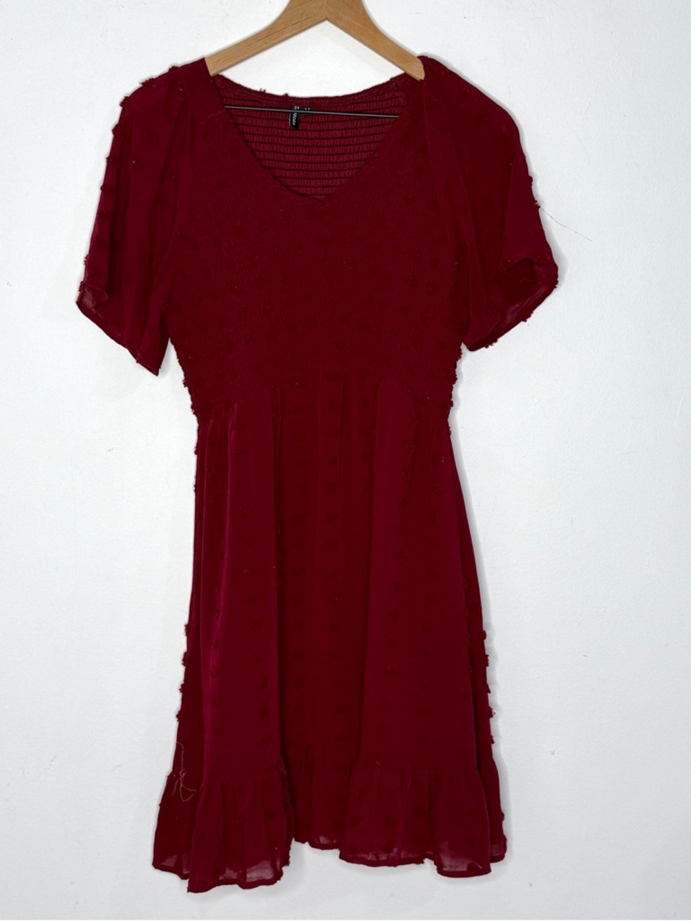 Swiss Dot Dress Medium Smocked Waist Puff Sleeve Ruffle Hem Mini Dress